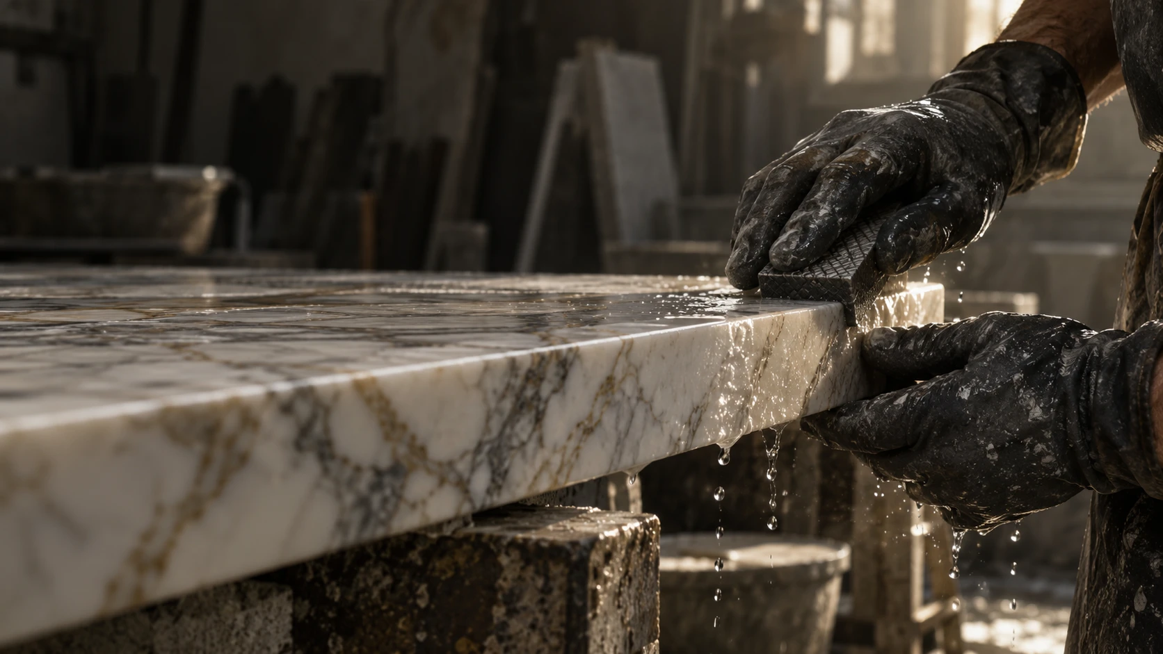 Concept illustration of gloved hands wet-finishing the bevelled edge of a marble slab, with water running across its veins