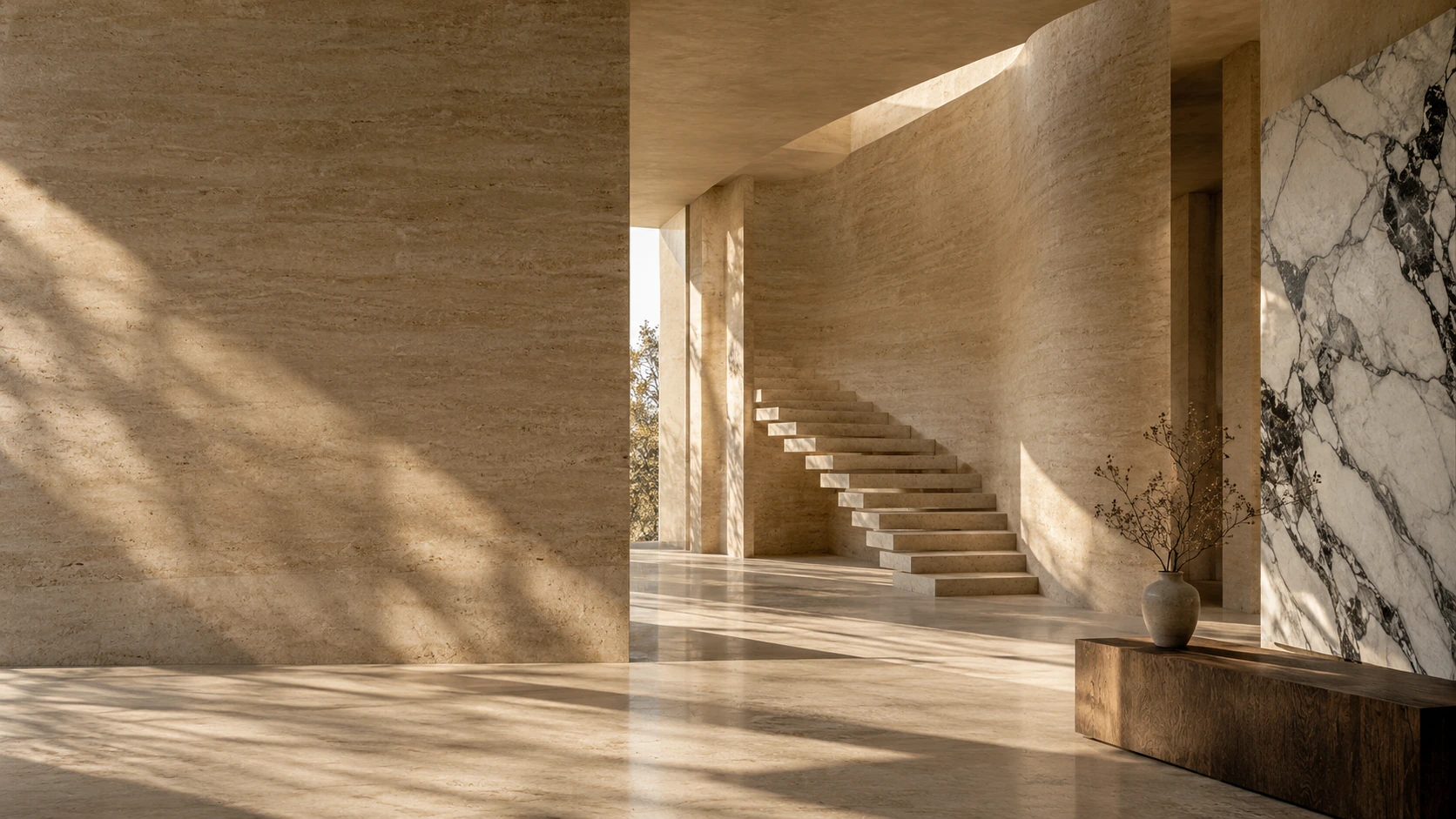 A monumental travertine staircase and marble feature wall inside the atelier